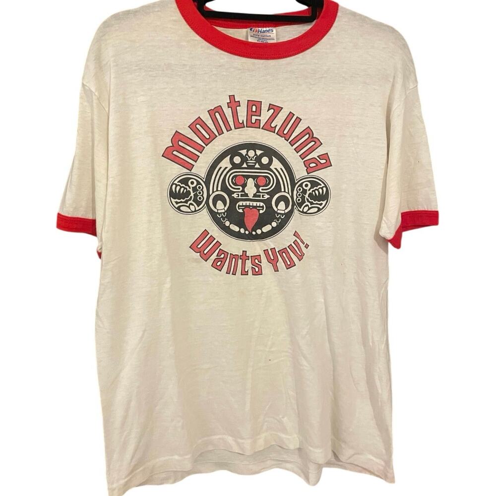 Vintage 80s Montezuma Wants You Tequila Promo Single Stitch Ringer Shirt XL